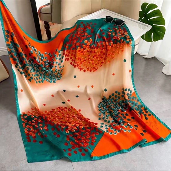 Beautiful Silk-Like Satin Printed Square Scarf in Turquoise and Orange - Picture 3 of 5
